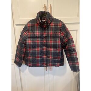 J.Crew Womens Plaid Puffer Jacket Navy Red boho Tartan Quilted Coat Large preppy